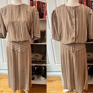 Tan and white pleated secretary dress